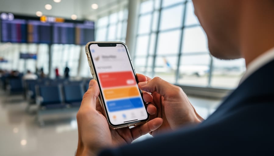 Traveler holding a smartphone to check flight status next to luggage in an airport terminal