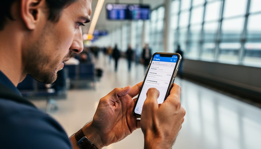 Traveler holding a boarding pass and checking a smartphone flight status in an airport setting