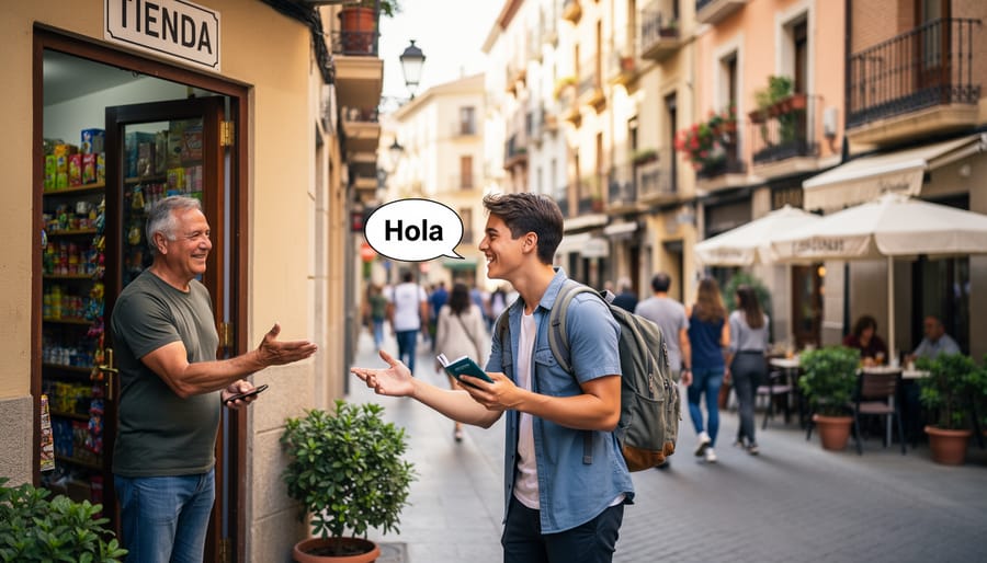 Canadian traveler speaking into a smartphone while practicing a Spanish greeting on a street