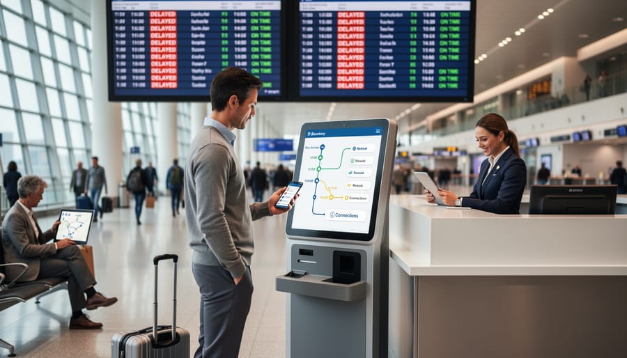 Traveler holding passport and boarding pass at an airport pickup area with a calm, resolved expression.