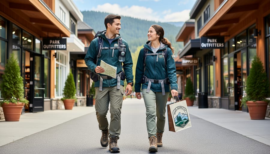 Traveler on a lakeside trail holding a small bag of official merchandise while wearing park-themed gear.