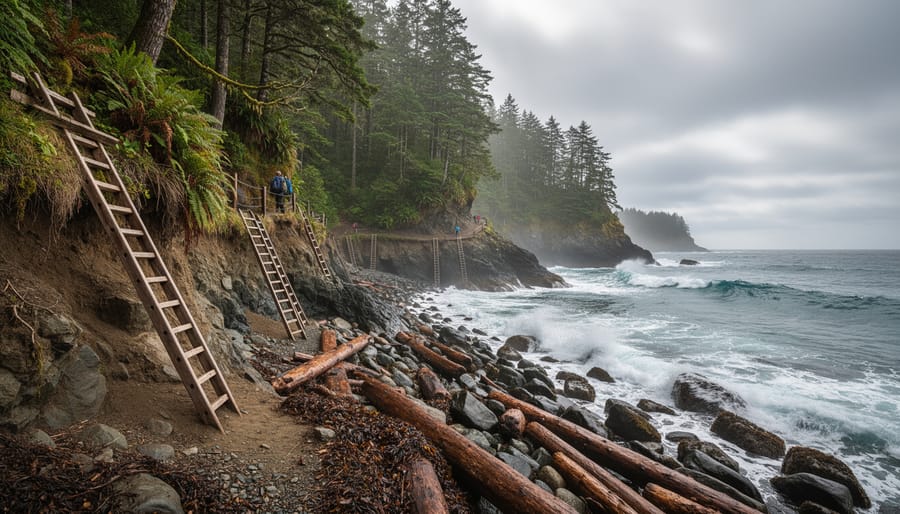 Hikers on a muddy coastal trail descending wooden ladders toward ocean surf in British Columbia’s West Coast Trail area.