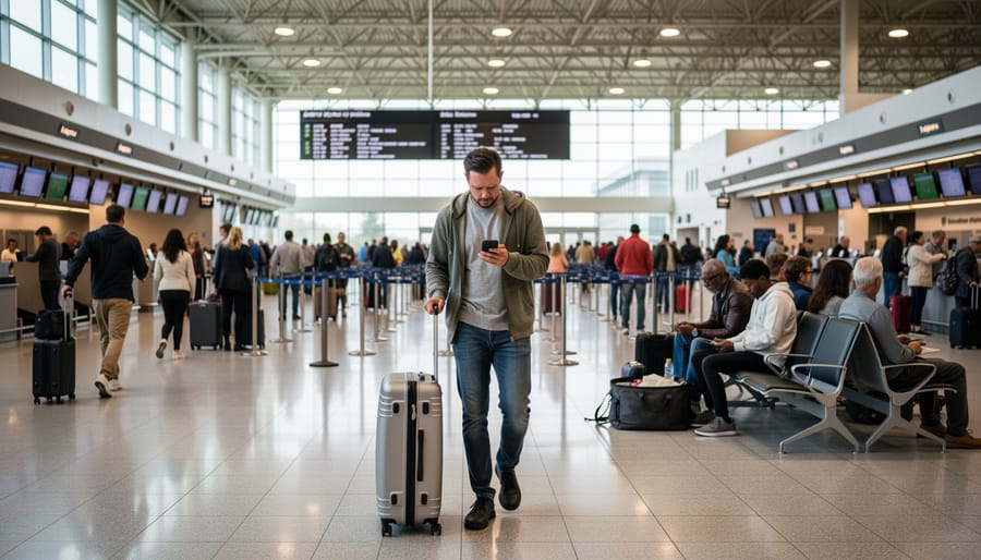 People waiting inside Edmonton International Airport terminal with blurred departures area in the background