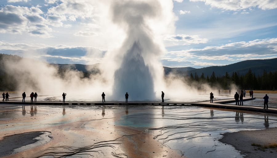 Old Faithful geyser erupting with steam rising over geothermal basins at Yellowstone National Park