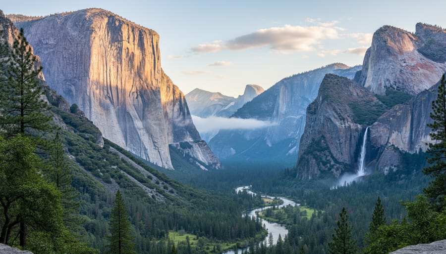 Yosemite Valley with El Capitan and misty waterfalls