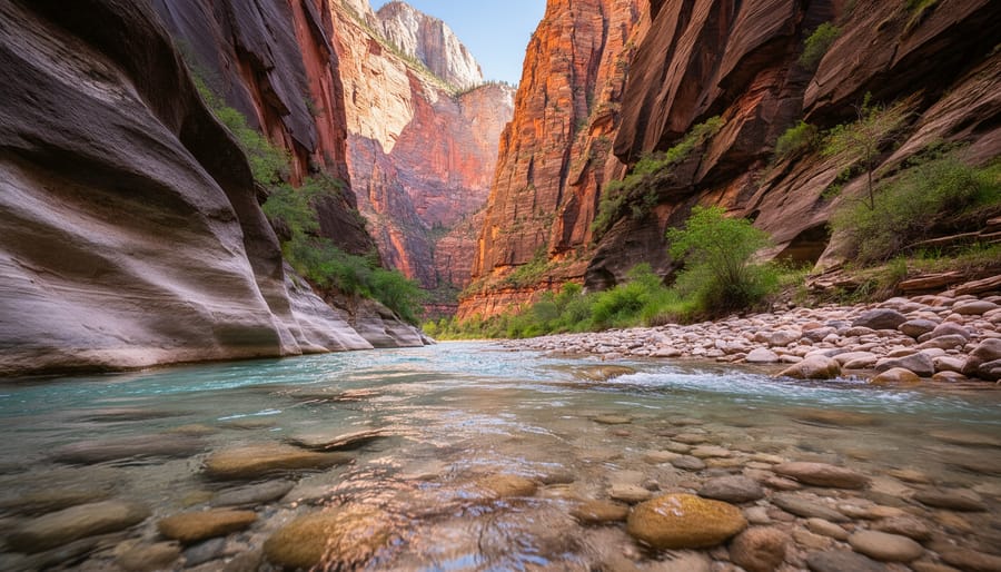 Flowing river in Zion’s The Narrows with tall red sandstone canyon walls