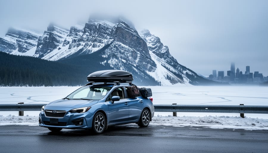 “A car parked at a Canadian roadside pull-off facing a snowy mountain pass with pine forest and a distant skyline under an overcast sky.”
