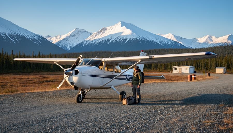 Small plane parked on an Alaskan runway with mountains in the background.