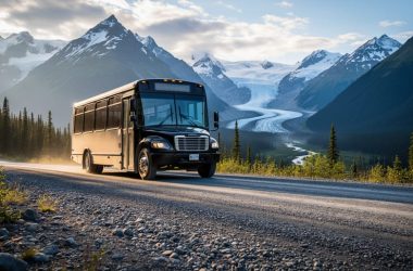 An Alaska tour shuttle bus on a gravel road with rugged mountains and a glacier-fed valley in the distance under dramatic clouds.