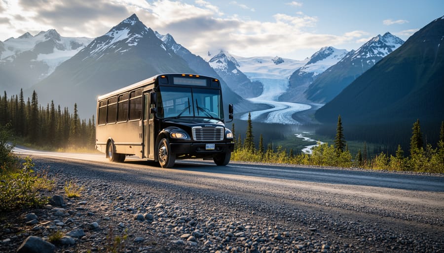An Alaska tour shuttle bus on a gravel road with rugged mountains and a glacier-fed valley in the distance under dramatic clouds.