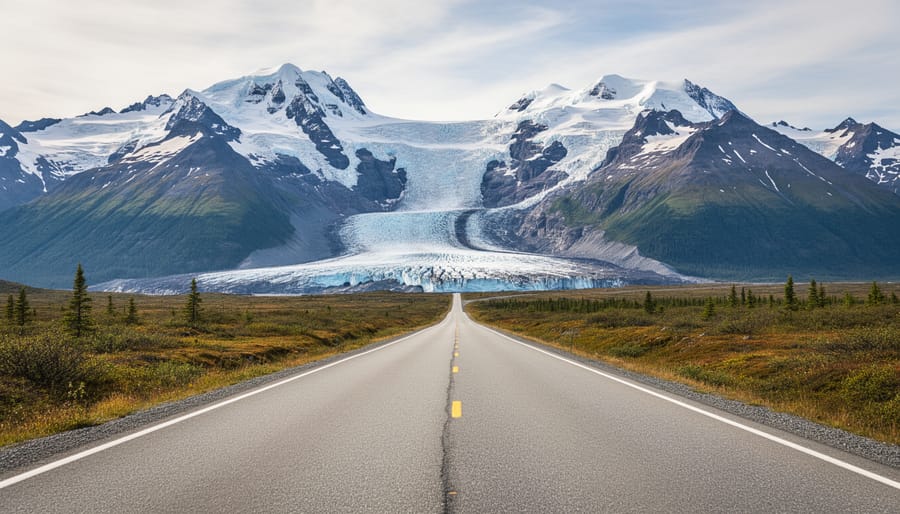 Wide landscape view of a winding dirt road leading to distant snow-capped peaks in Alaska.
