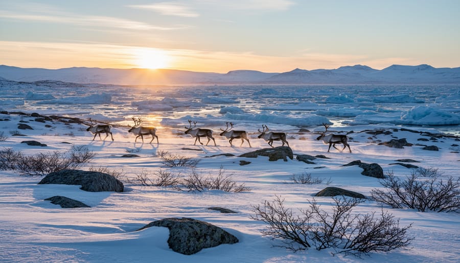 Caribou walking across wind-swept Arctic tundra snow.