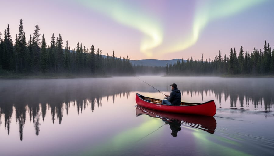 Canoe on a calm boreal lake at dawn with mist and spruce forest reflections.