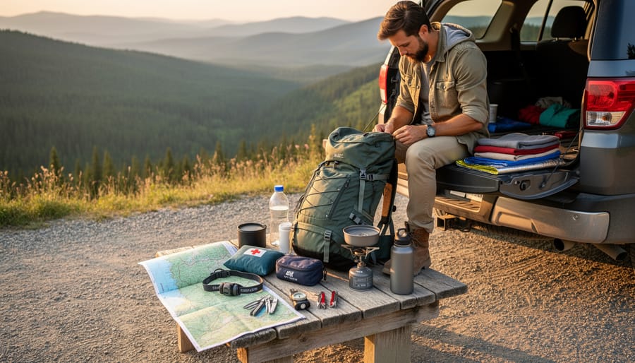 Person preparing camping gear from an open car trunk on a forest roadside turnout.