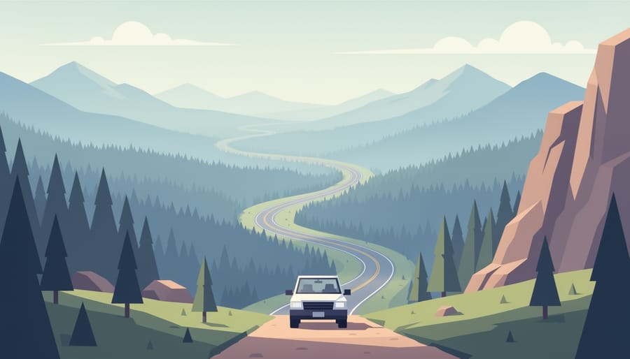 Vehicle at a panoramic lookout with a trail leading into a Canadian wilderness landscape.
