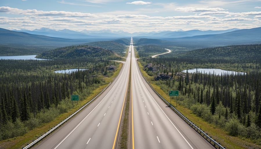 Wide view of a long highway through Canadian pine forest toward distant mountains.