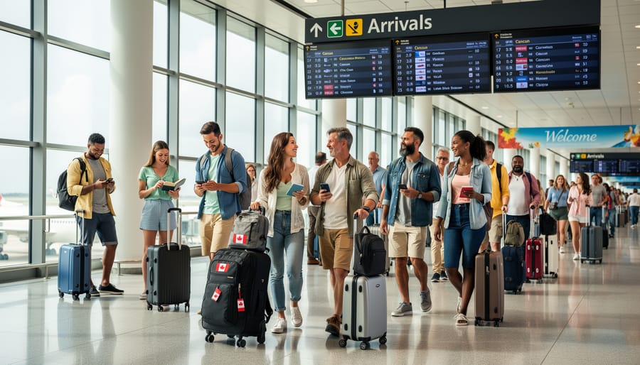 Canadian travelers waiting at Cancun airport arrivals area near a transfer pickup area