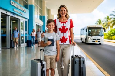 “Canadian travelers with rolling suitcases waiting near the transfer pickup area inside Cancun International Airport arrivals.”