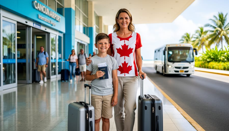 “Canadian travelers with rolling suitcases waiting near the transfer pickup area inside Cancun International Airport arrivals.”