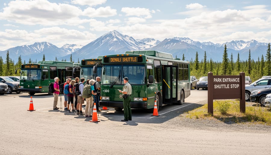 Traveler boarding a shuttle bus near an entrance area in Denali.
