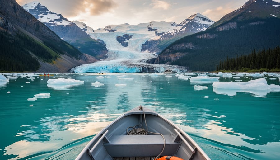 A small boat moving through icy-blue water near a glacier in Alaska.