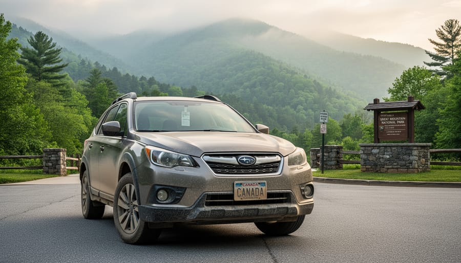 Vehicle parked near the Great Smoky Mountains entrance with a physical parking tag displayed in the windshield, with misty evergreen mountains in the background.