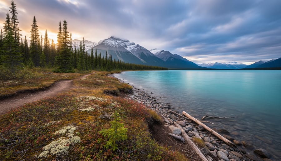Cinematic wide landscape of Canada’s national parks with mountains, pine forest, turquoise lake, and tundra under dramatic golden-hour light.