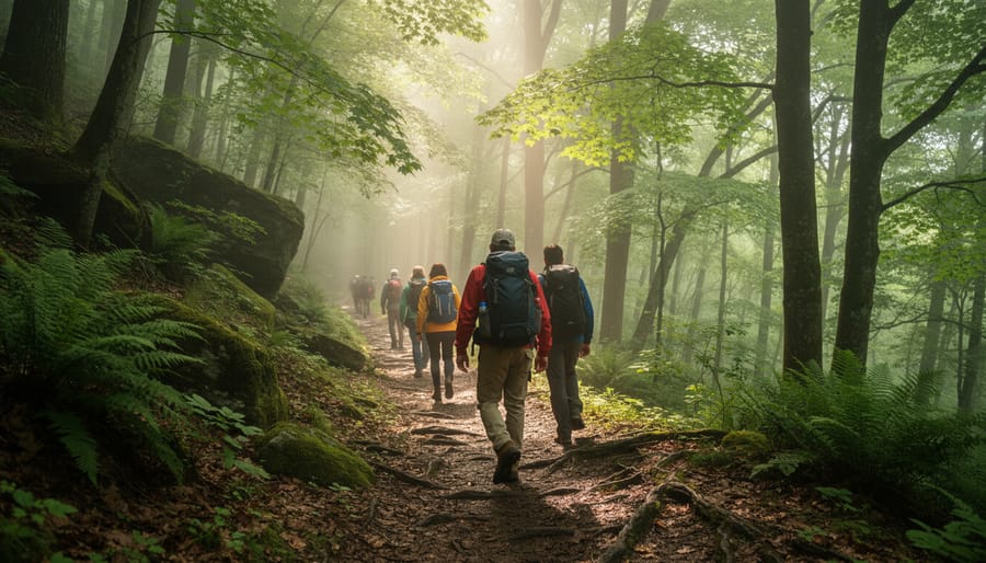 Hikers walking along a forest trail with sunbeams in the Great Smoky Mountains.