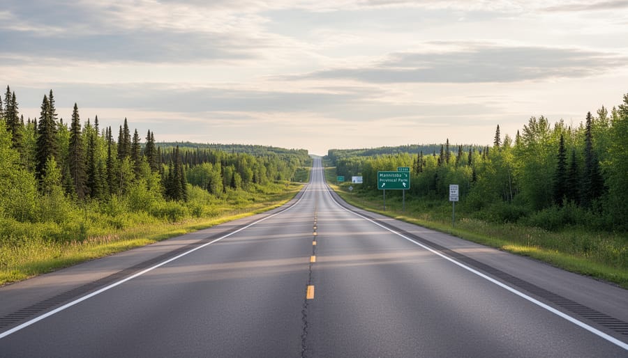 Wide view of a two-lane paved highway leading toward a distant forest treeline in Manitoba.