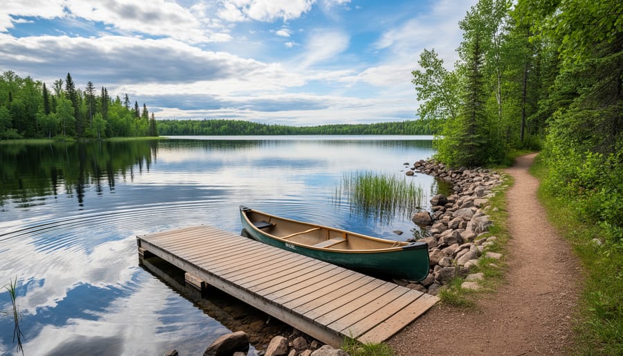 Lakefront view with rocky shore, pine-covered hills, and calm water in Manitoba.