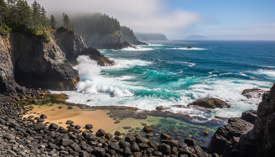 Ocean waves breaking on black rocks along a dramatic coastline.