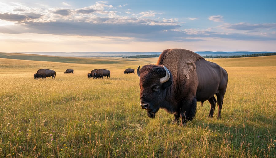 Bison standing in a wide prairie at sunset with tall grass and a distant tree line.