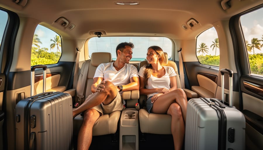 Travelers relaxing inside a vehicle on the way to the Cancun hotel zone with tropical scenery outside