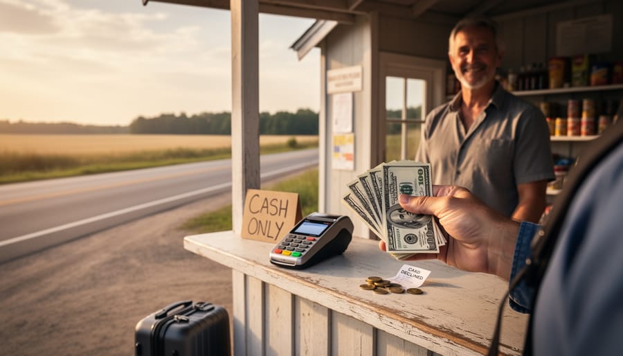 Canadian dollars held near a dashboard by a vehicle at a rural roadside gas station.