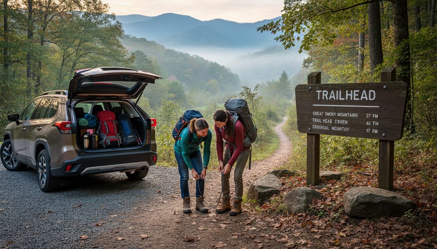 Car parked at a Smoky Mountains trailhead area at golden hour.