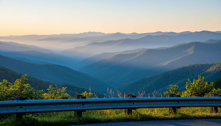 Layered ridgelines of the Great Smoky Mountains fading into fog seen from an overlook.