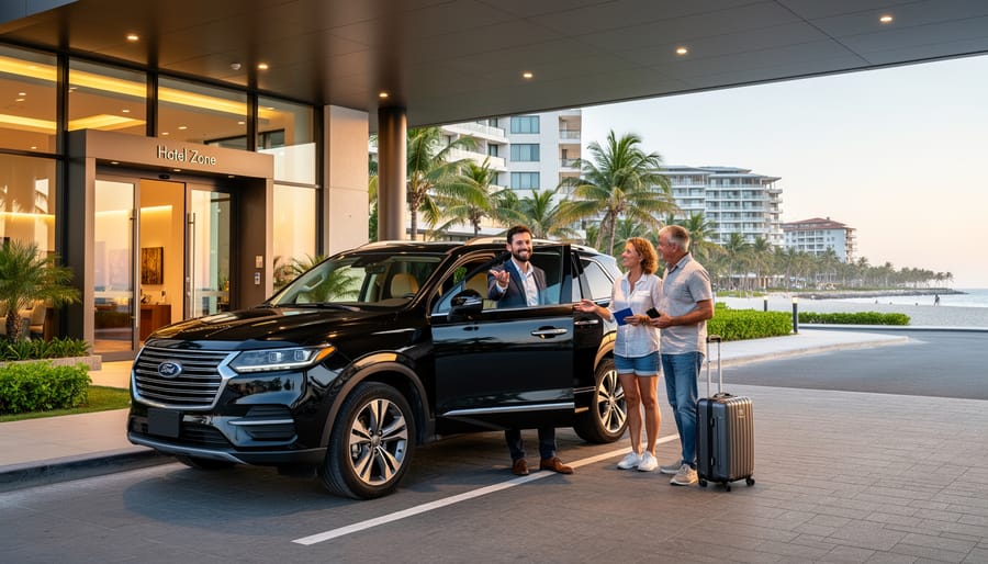 A driver helping a traveler with luggage beside an SUV in the Cancun hotel zone