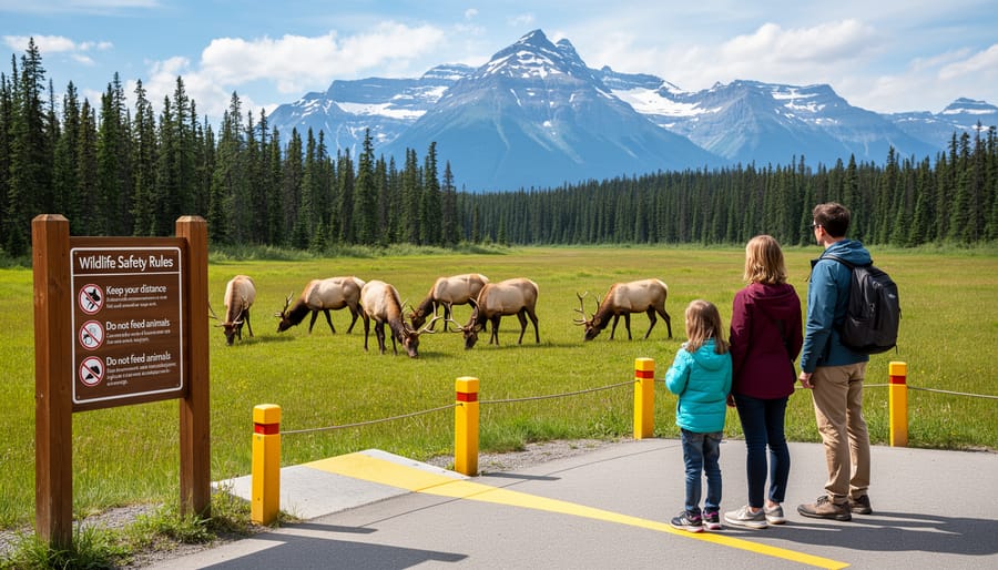 Family observing wildlife from a safe distance behind a barrier in a Canadian park meadow.