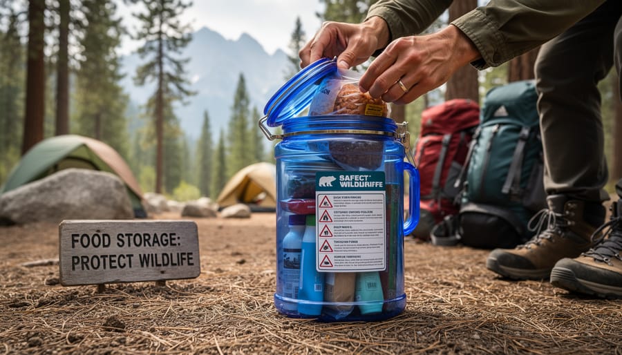 Bear canister placed on rocky ground near a campground with forests and tundra blurred in the background