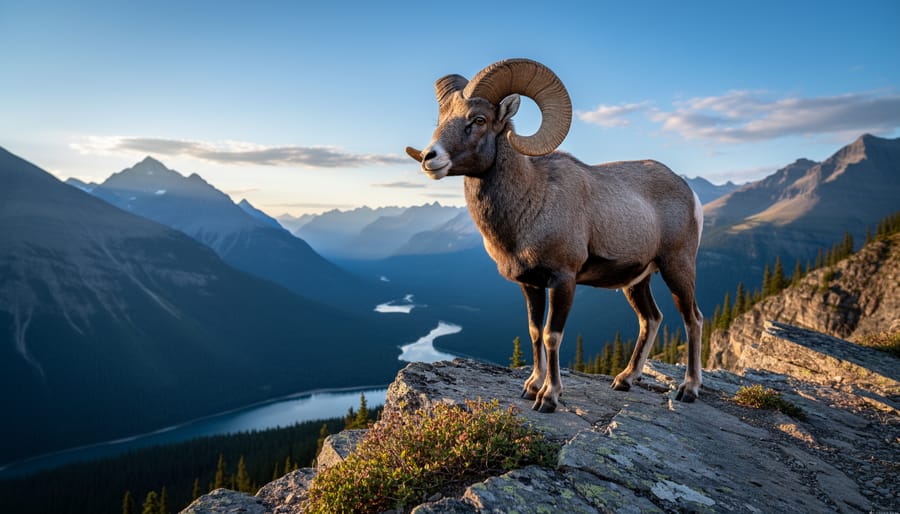 Bighorn sheep standing on rocky ground with mountains and vegetation blurred in the background.