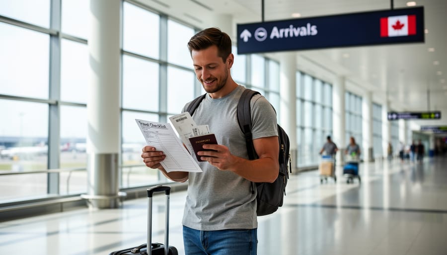Traveler holding passport and itinerary at a Canadian airport arrivals area