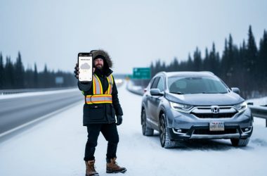 “Traveler in reflective winter safety gear beside a parked SUV on a snowy highway in Canada while checking weather awareness on a smartphone.”