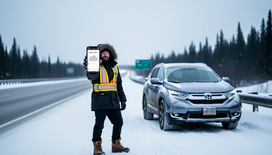 “Traveler in reflective winter safety gear beside a parked SUV on a snowy highway in Canada while checking weather awareness on a smartphone.”