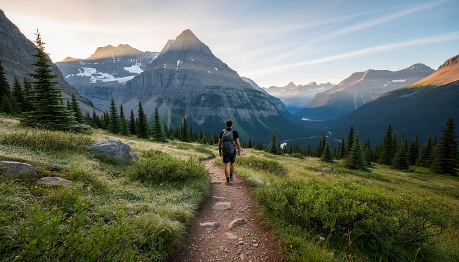 A hiker on a forest trail leading toward Crypt Lake at sunrise.