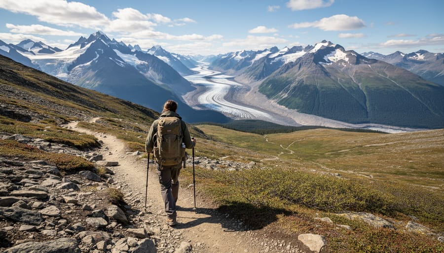Hiker walking along a misty trail toward a glacier-covered valley in Kluane National Park