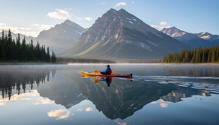 A kayak floating on calm water with rocky shoreline and mountain reflections in the background.