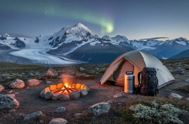 Remote backcountry campsite in Yukon with a tent, bear canister, and glowing firelight in front of glacier valleys, high mountains, and a faint northern lights sky.