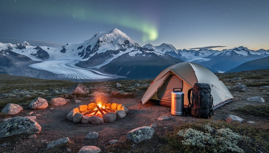 Remote backcountry campsite in Yukon with a tent, bear canister, and glowing firelight in front of glacier valleys, high mountains, and a faint northern lights sky.