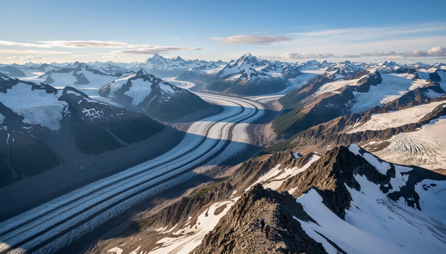 View from a rocky overlook showing Mount Logan and Kluane’s expansive glacier-covered icefields in the distance