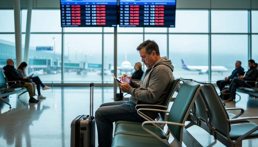 A traveler sits in an airport terminal holding a boarding pass and phone while waiting for an update.